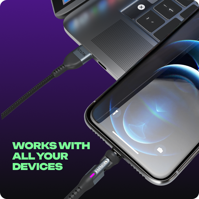 Statik 360 Pro | Universal 5-in-1 Ultra-Fast Rotating Magnetic Charging & Data Transfer Cable | USB-C, Lightning & Micro-USB / AG_LP