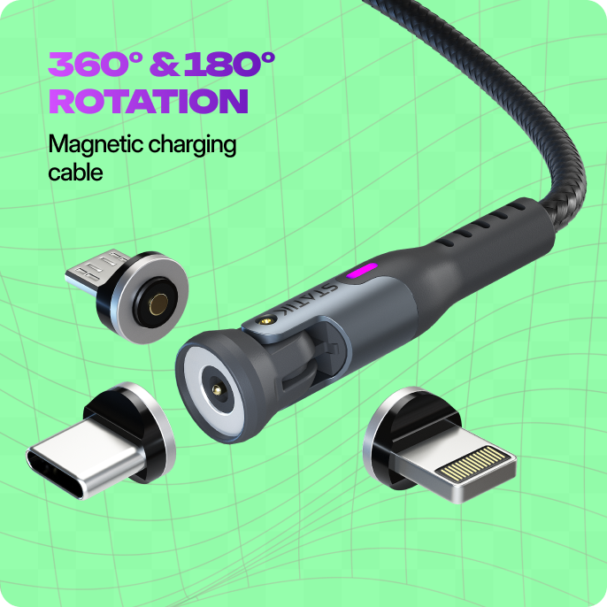 Statik 360 Pro | Universal 5-in-1 Ultra-Fast Rotating Magnetic Charging & Data Transfer Cable | USB-C, Lightning & Micro-USB / AG_LP