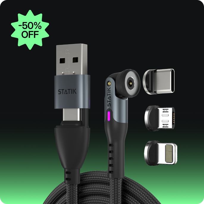 Statik 360 Pro | Universal 5-in-1 Ultra-Fast Rotating Magnetic Charging & Data Transfer Cable | USB-C, Lightning & Micro-USB / AG_LP