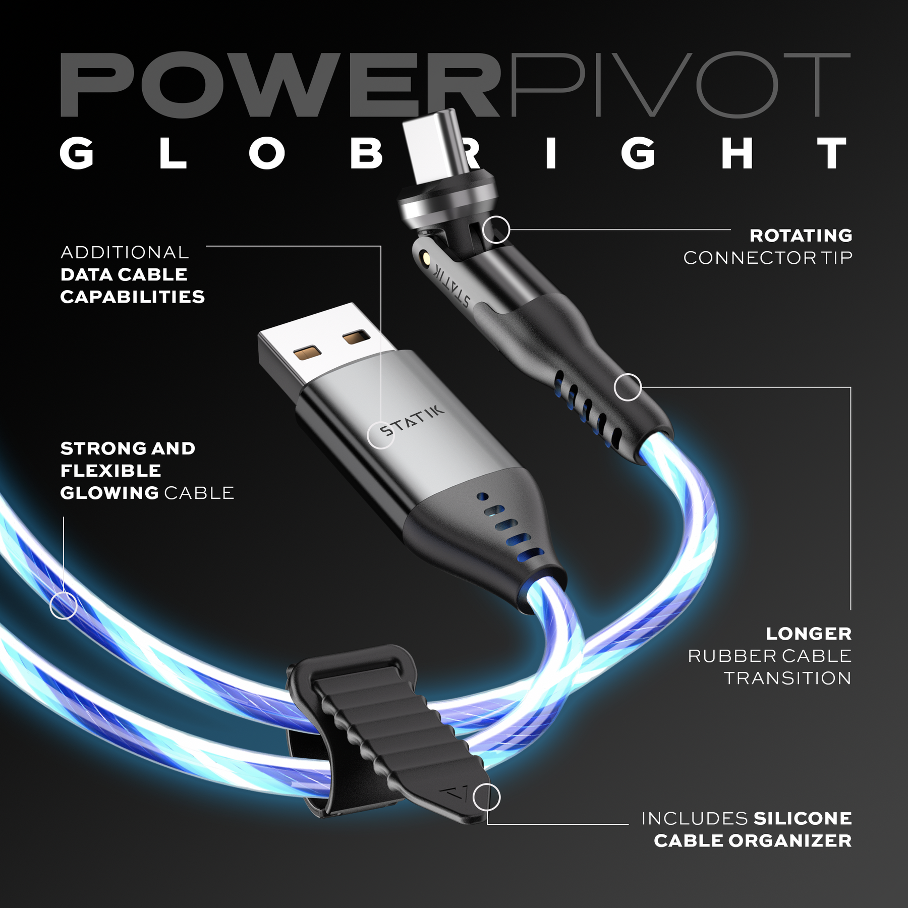 PowerPivot™ GloBright | USB-A to USB-C or Lightning | Data & Charge