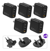 5 Pack 100W GaN Charger Global | Includes 5 Sets of International Plug Adapters (EU, UK, AU)
