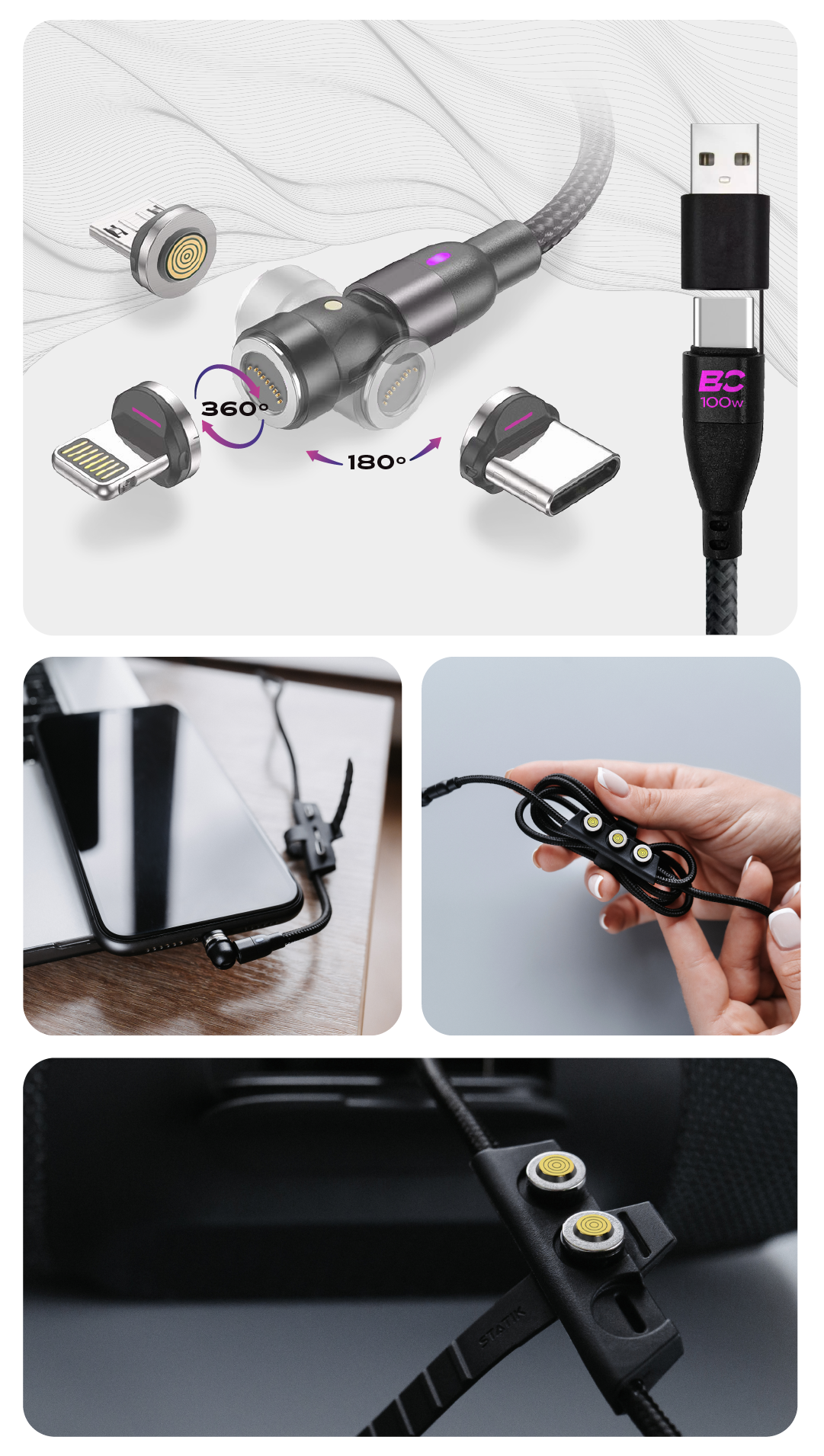 Statik Câble de charge magnétique à 360° – Câble de charge USB C  magnétique, micro USB, embouts magnétiques 3 en 1 pour charger tous les  appareils –