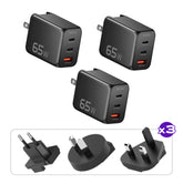 3 Pack 65W GaN Charger Global | Includes 3 Sets of International Plug Adapters (EU, UK, AU)