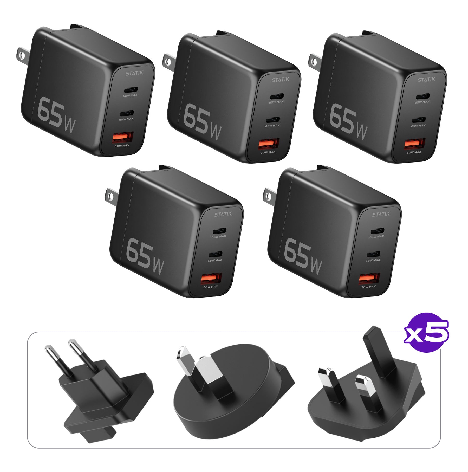 5 Pack 65W GaN Charger Global | Includes 5 Sets of International Plug Adapters (EU, UK, AU)