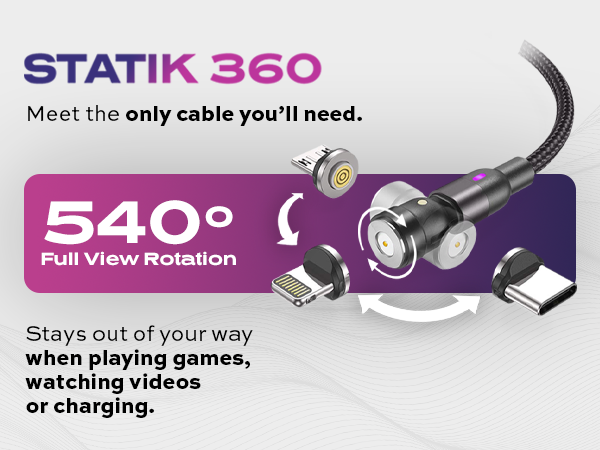 Statik Câble de charge magnétique à 360° - Chargeur de téléphone rotatif à  360° avec 3 connecteurs magnétiques amovibles compatibles avec la plupart  des appareils - Câble en nylon tressé - Chargeur