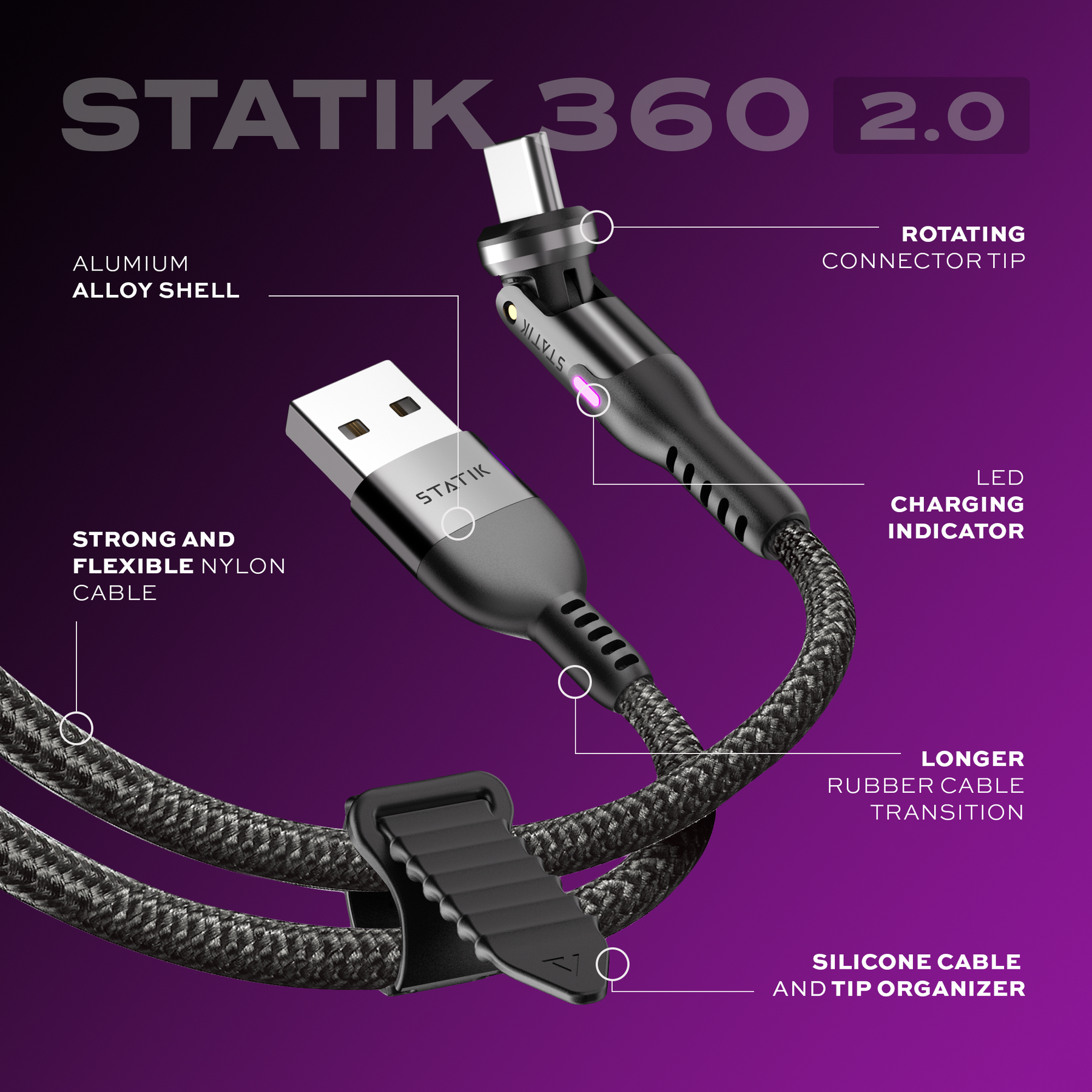 Chargeur de téléphone rotatif à câble Statik 360 - Fabriqué en