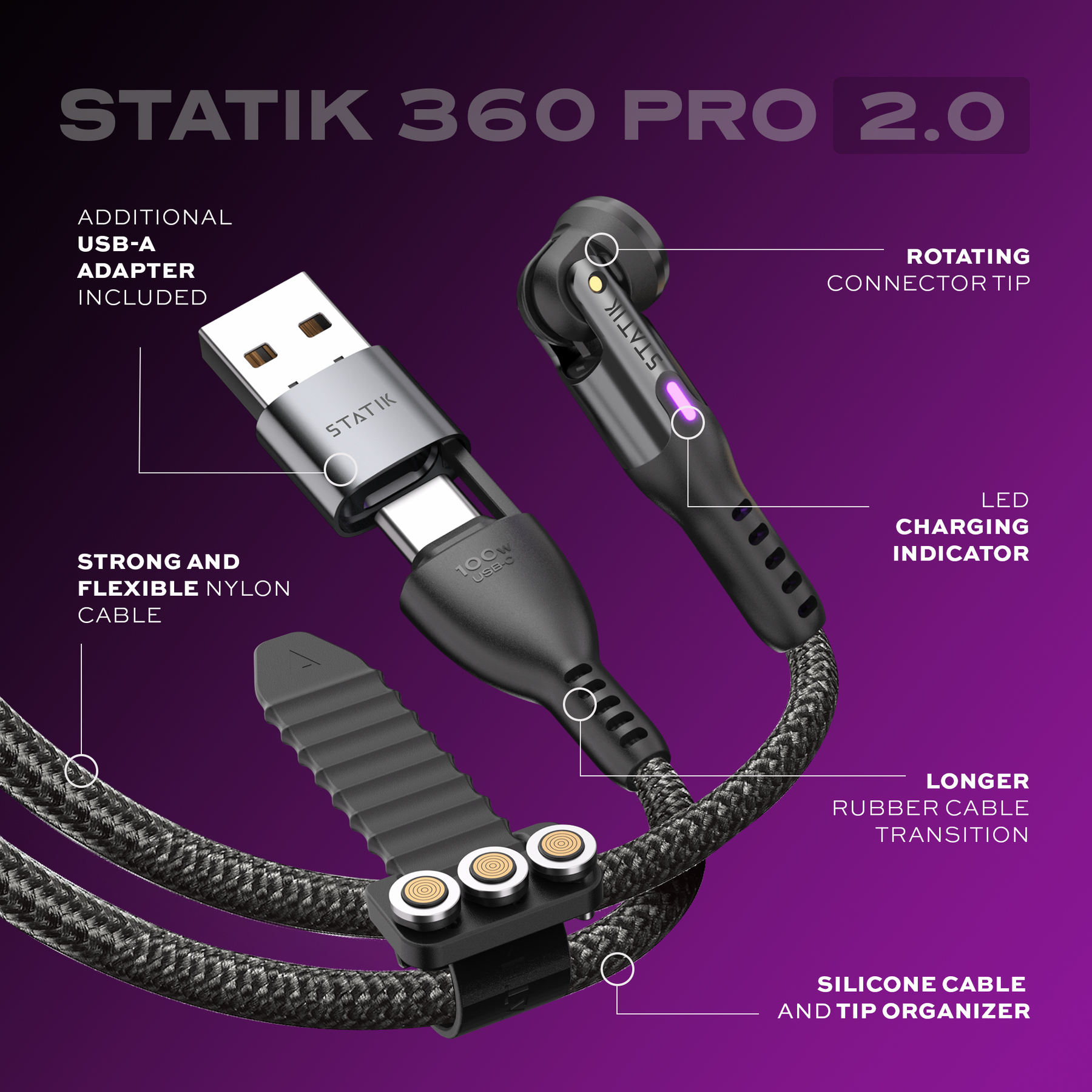 Statik® 360 Pro 2.0 | 2nd Gen 100W Universal Charge & Data Cable