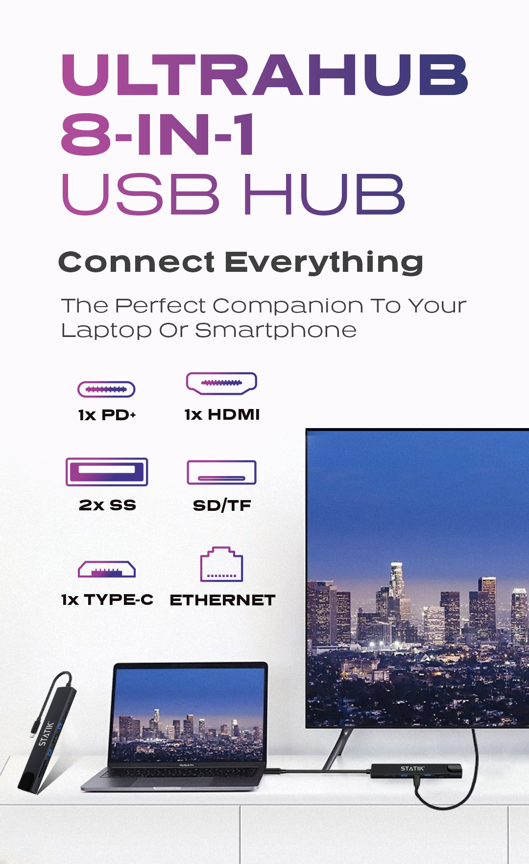 Statik UltraHub Powered USB C Hub Multiport Adapter Mac Hub USB C Dongle  8-in-1 Type C USBC Hub 3.0, HDMI 4k, Ethernet, SD/TF Card, MacBook Air Dock