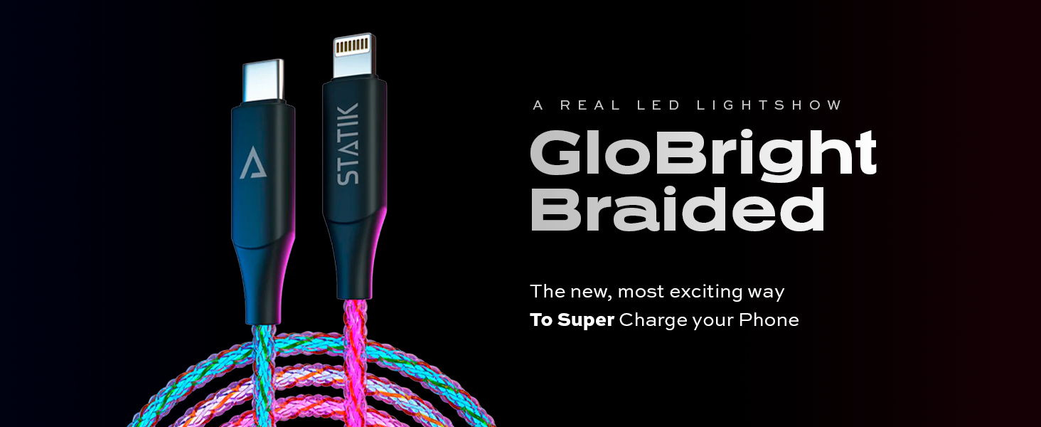 Statik GloBright - Cable de carga LED trenzado GloBright, cable de carga  súper rápida brillante de 100 W, transferencia de datos, cable de carga de
